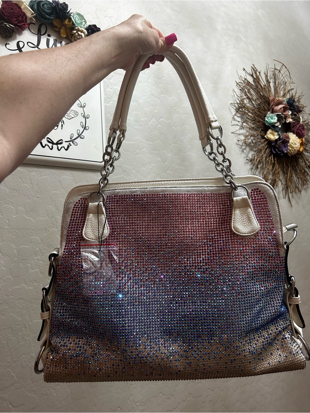 Embellished Ombre Crystal Satchel - Cream and Multi